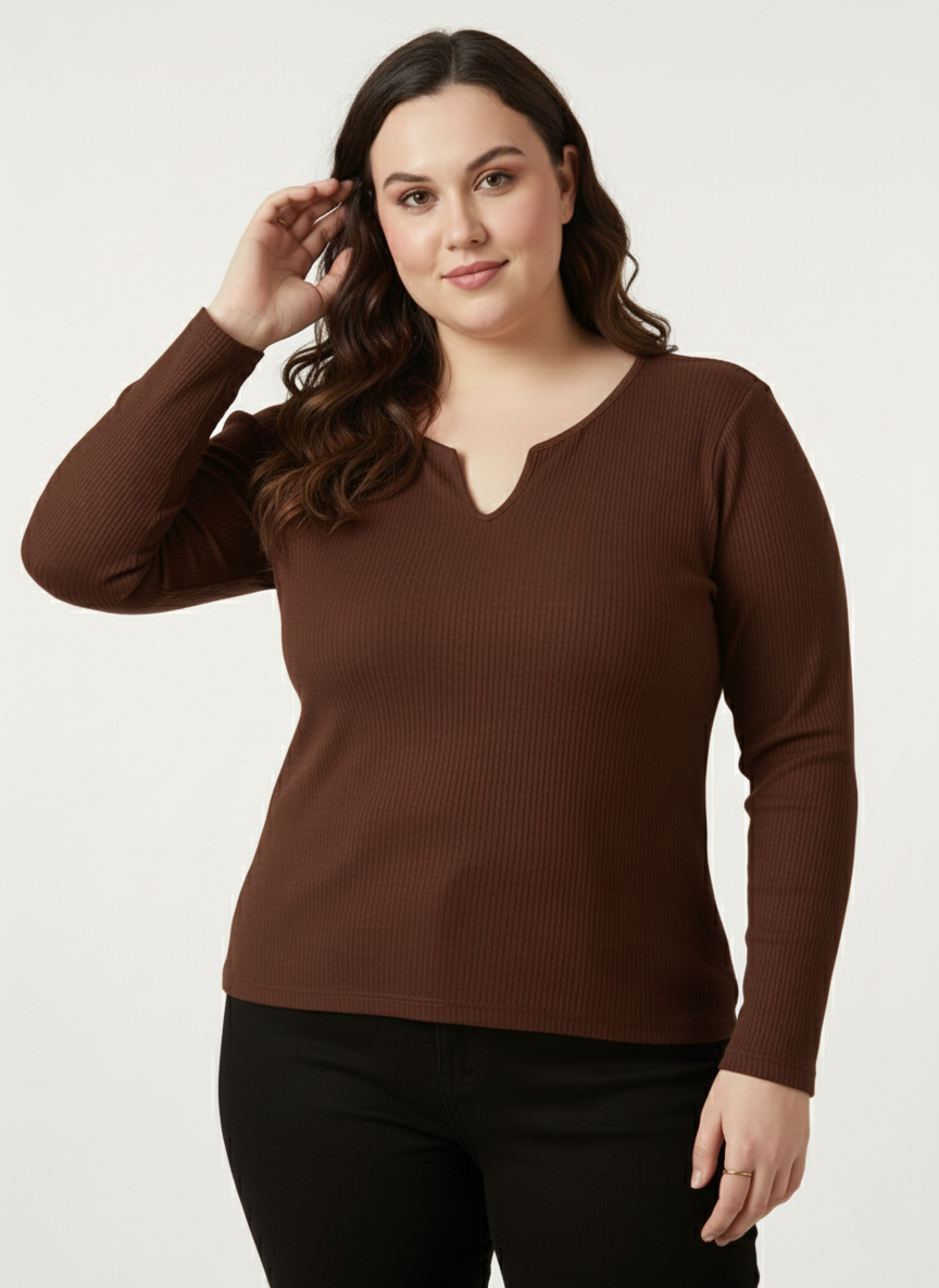 Panda Bee premium Neck V-cut Ribbed Long Sleeve Top (Brown)