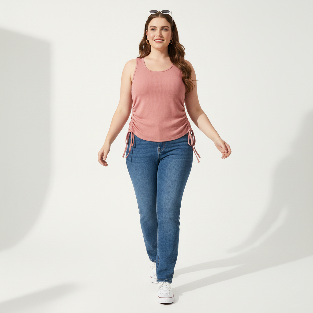 Pandabee Premium Plus Size Adjustable Length Ruched Side Tie Tank Top – Pink