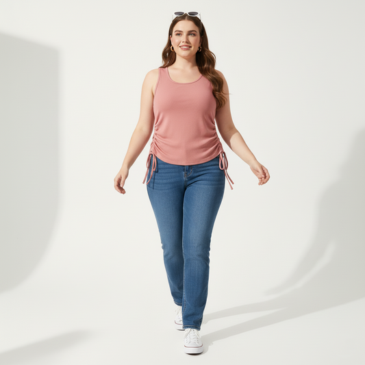 Pandabee Premium Plus Size Adjustable Length Ruched Side Tie Tank Top – Pink