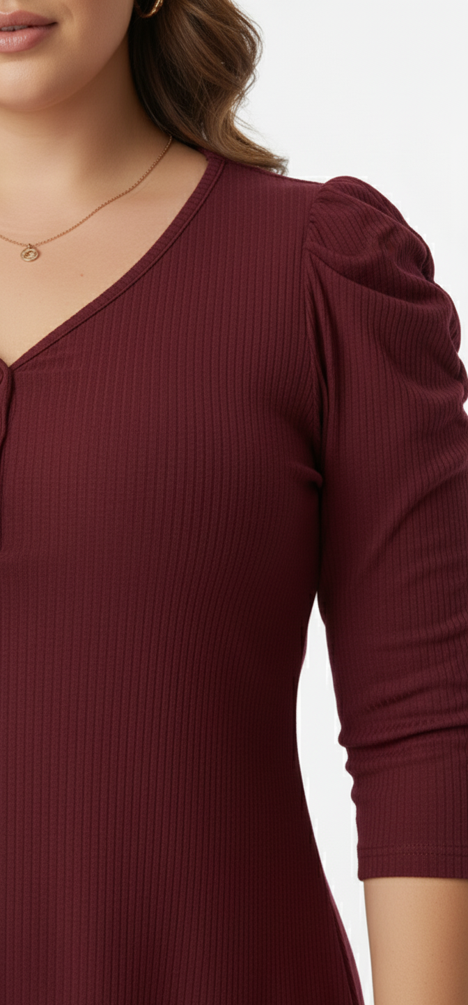 Plus Size Ribbed Full-Sleeve Dress (Burgundy) – Panda bee Premium Collection