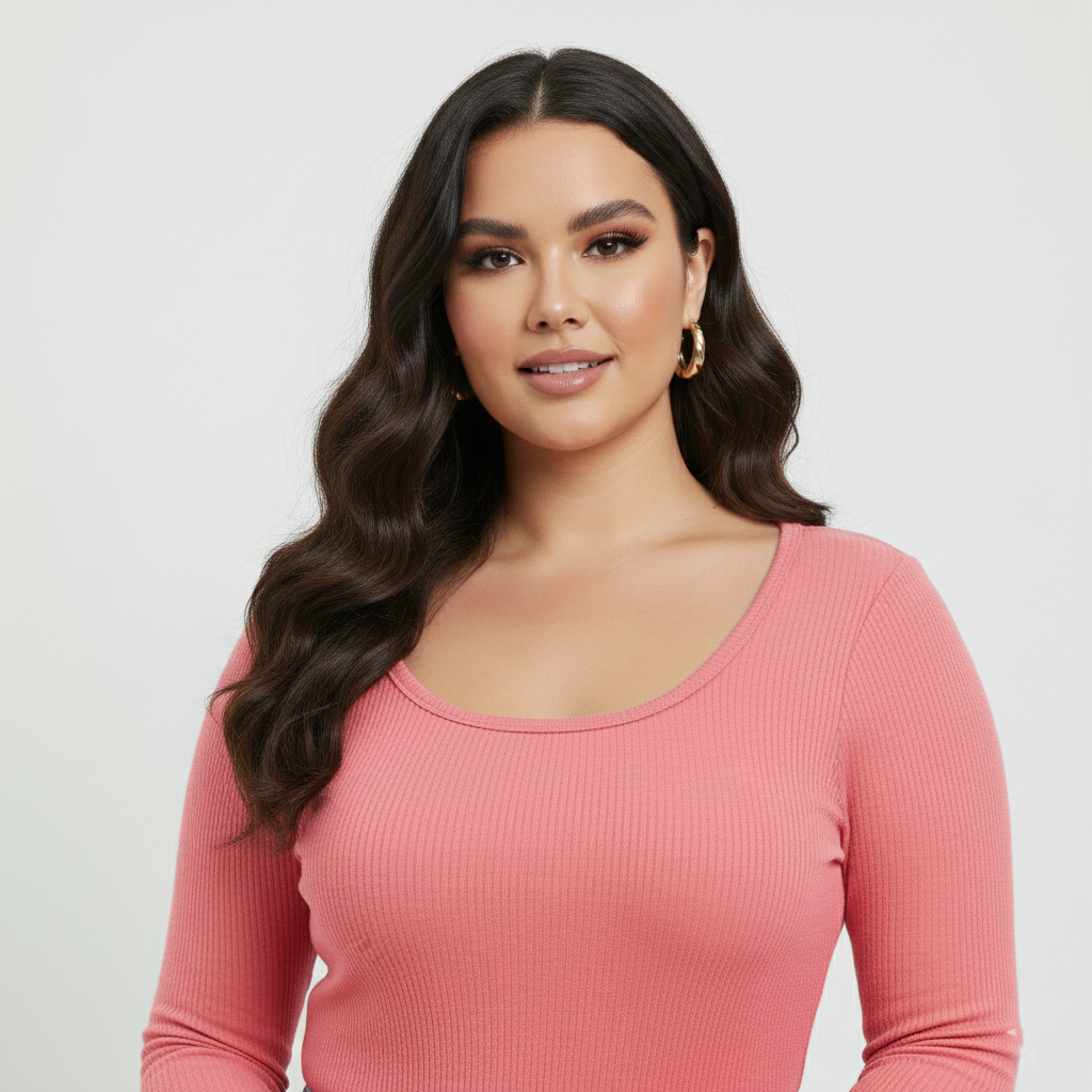Curve Luxe plus size  Ribbed Scoop-Neck Long Sleeve Top – Pink