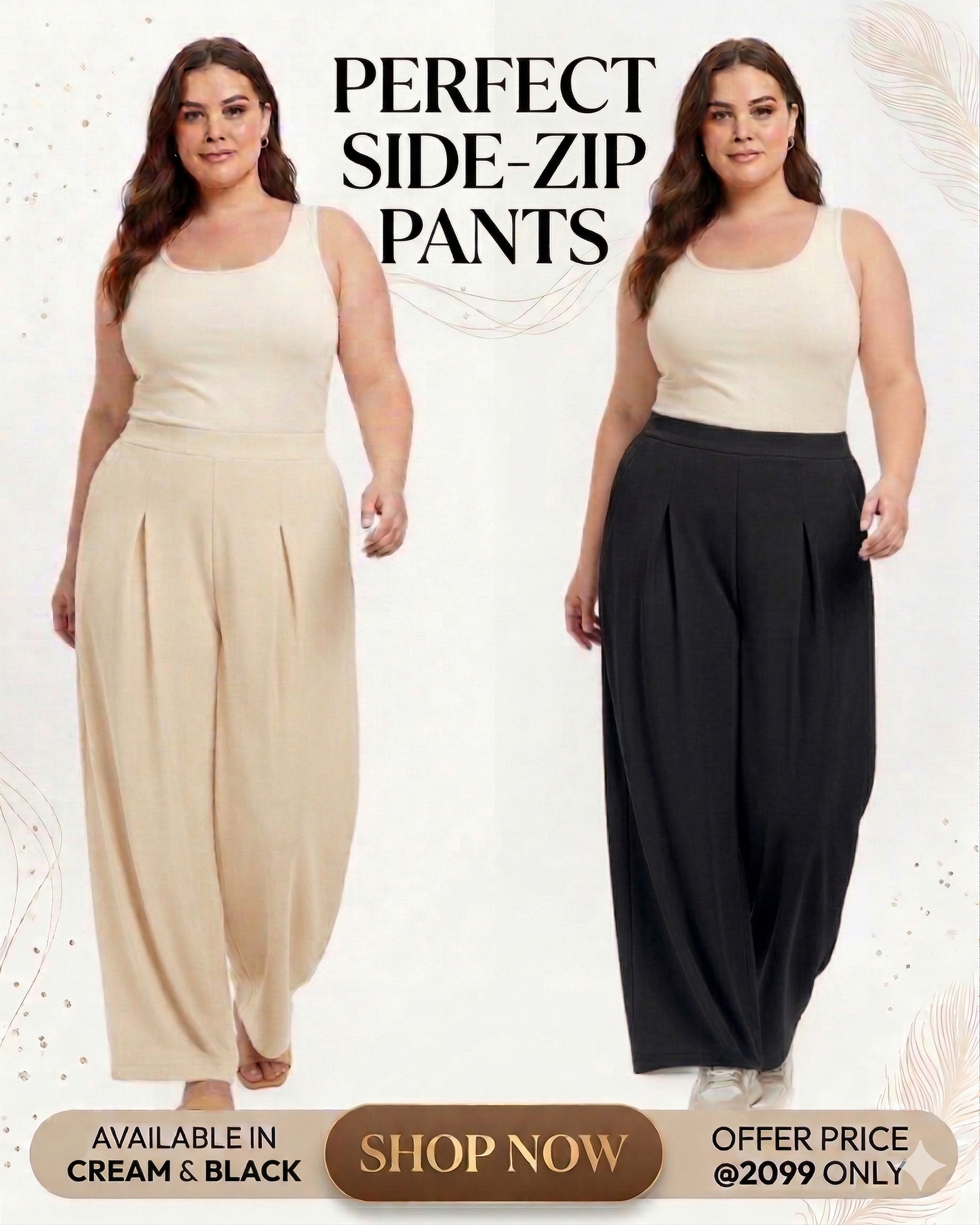 Save @300rs Combo Panda Bee Premium Plus Size High-Waist Pleated Wide-Leg Office Pants with Side Zip (Cream and Black)