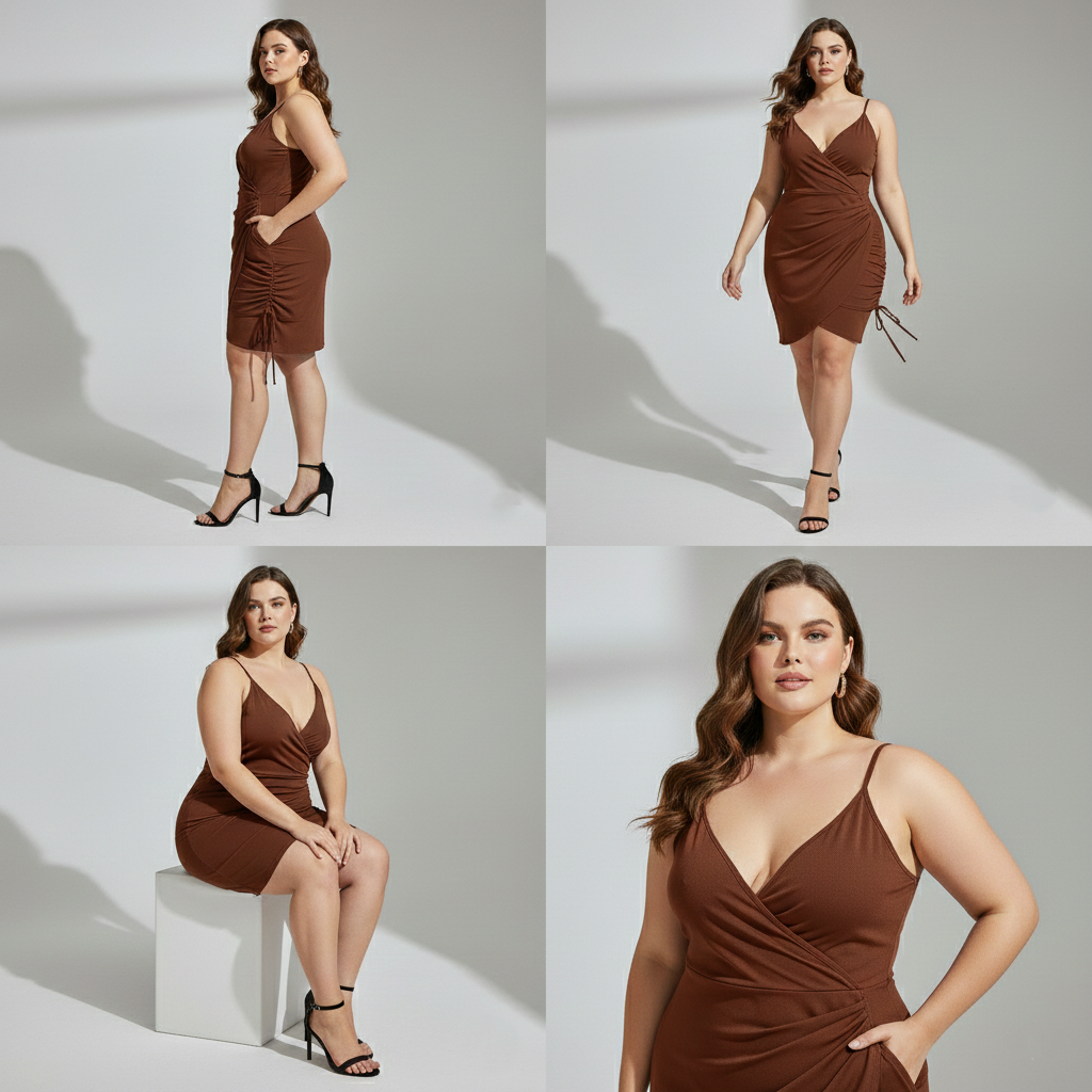 Plus Size Ruched Wrap Bodycon Dress – Premium Stretch Fit Party Wear (Coffee Brown)
