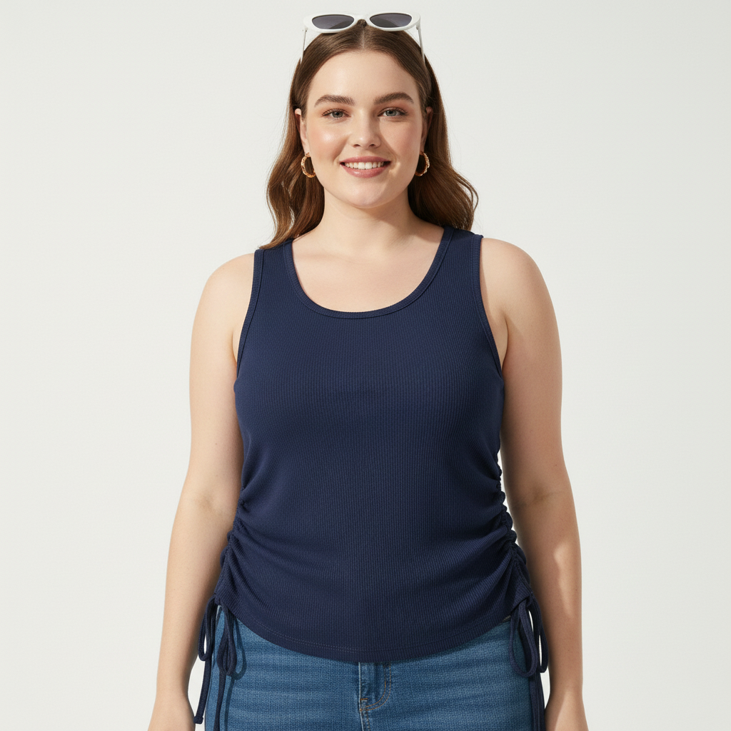 Pandabee Premium Plus Size Adjustable Length Ruched Side Tie Tank Top – Navy Blue