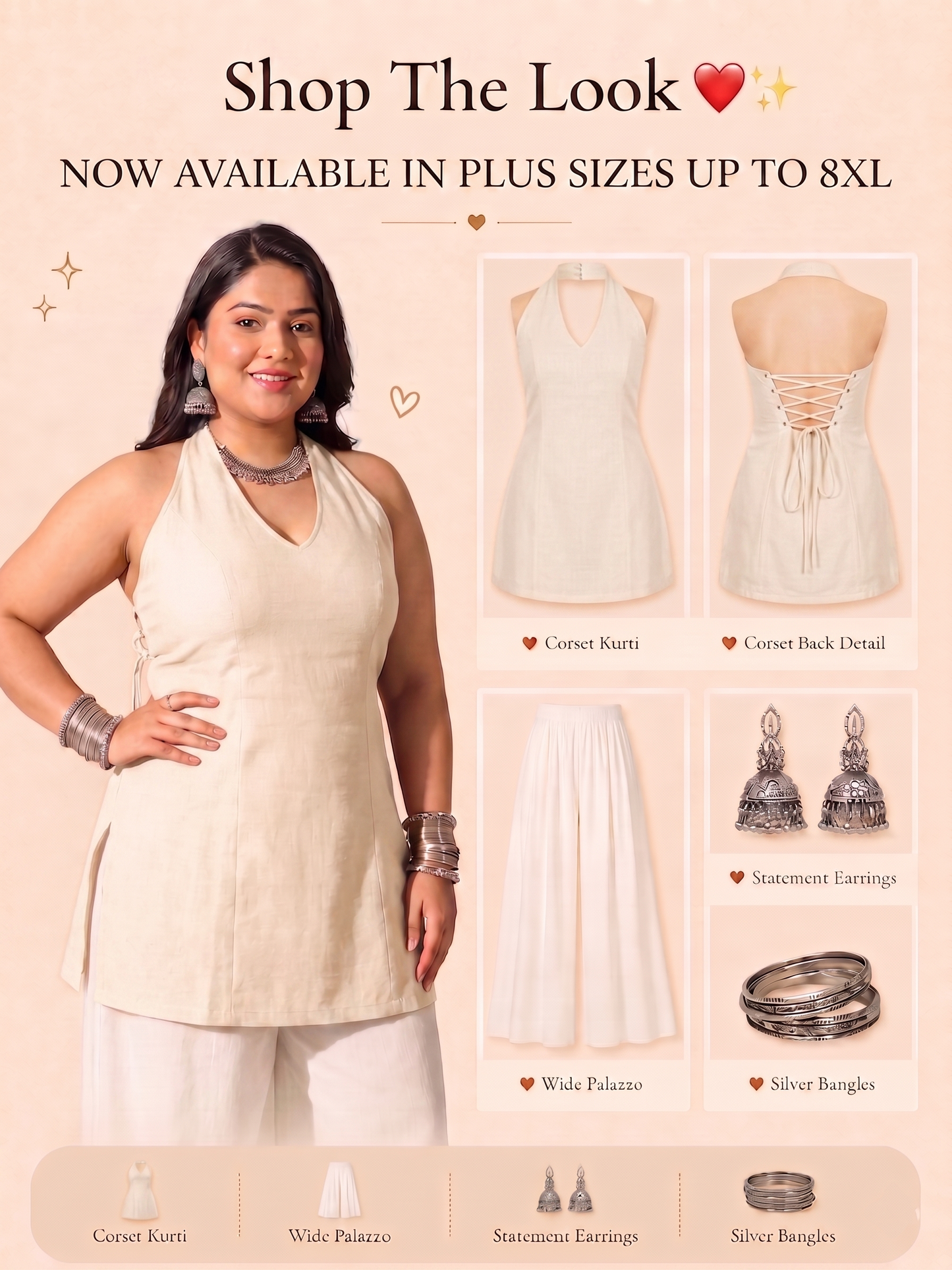 Pandabee Plus Size Halter Neck Corset Kurti for Women | Sleeveless A-Line Kurti | Sizes 2XL to 8XL (Off white -- Ivory charm)