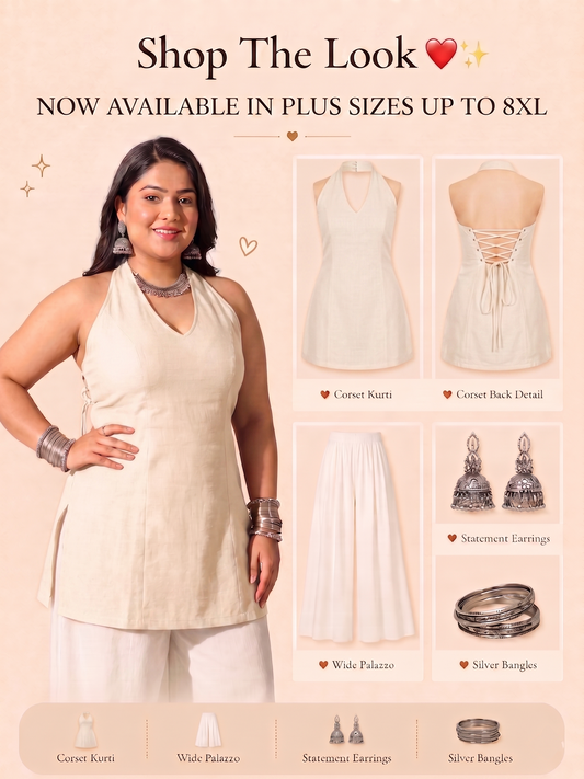 Pandabee Plus Size Halter Neck Corset Kurti for Women | Sleeveless A-Line Kurti | Sizes 2XL to 8XL (Off white -- Ivory charm)
