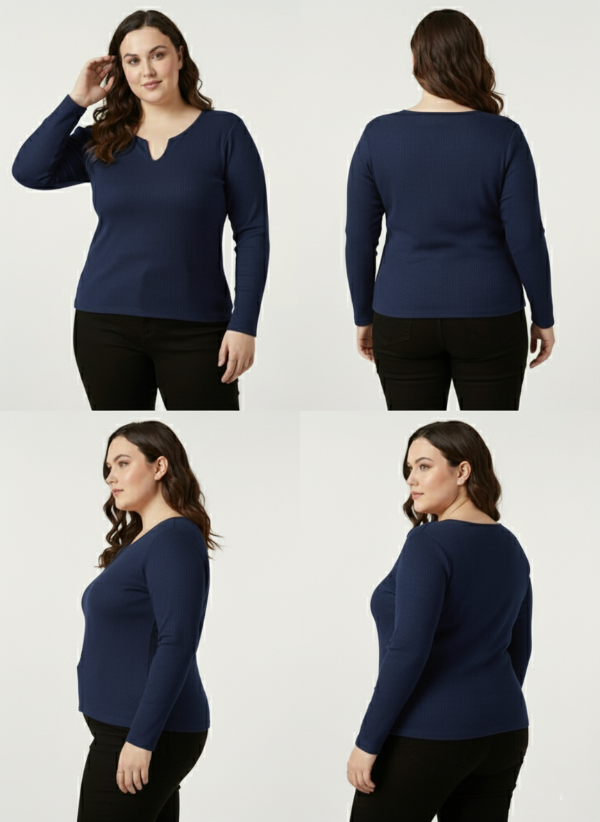 Panda Bee premium  Neck V-cut Ribbed Long Sleeve Top (Navy blue)