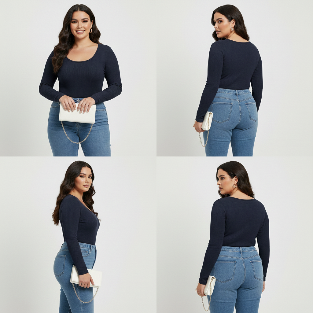 Curve Luxe plus size  Ribbed Scoop-Neck Long Sleeve Top – Navy Blue