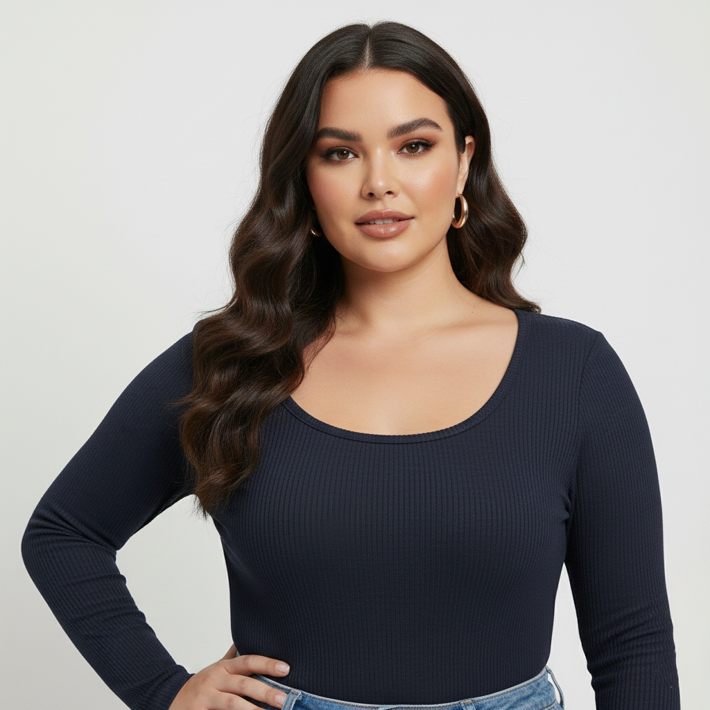 Curve Luxe plus size  Ribbed Scoop-Neck Long Sleeve Top – Navy Blue