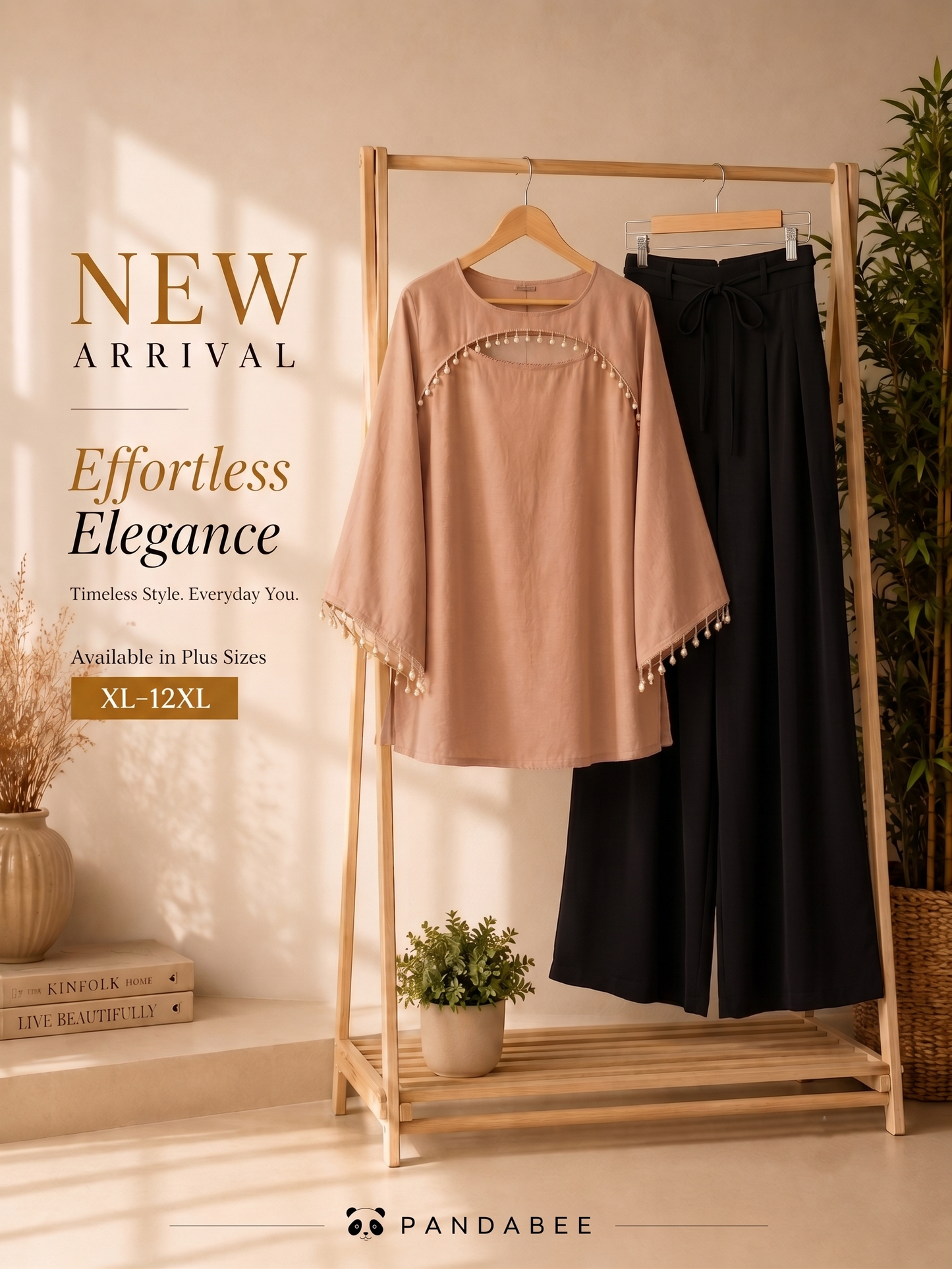 Save@300 comb Panda Bee Premium Plus Size Kurti & Wide-Leg Pants Co-Ord Set for Women | Pearl Work Ethnic Kurta with Cinched Drawstring Palazzo Pants | Plus Size 2XL-12XL | Premium Office, Casual ( Nude pink -- Blush beauty kurti + Black colour pant)