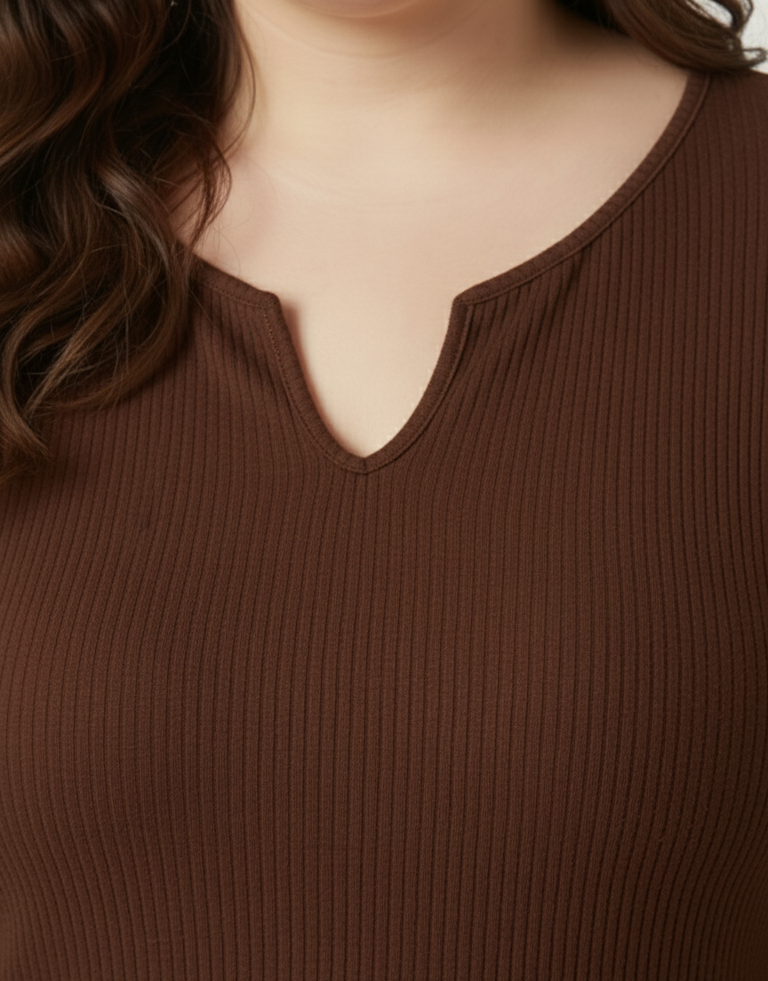 Panda Bee premium Neck V-cut Ribbed Long Sleeve Top (Brown)