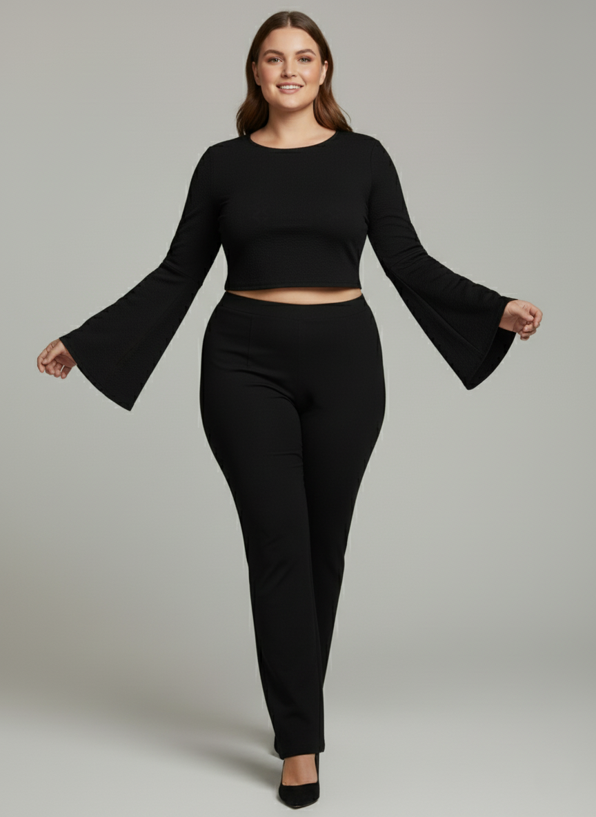 Premium Plus-Size Flared Sleeve Crop Top, Elegant Stretch Comfort Wear – Black