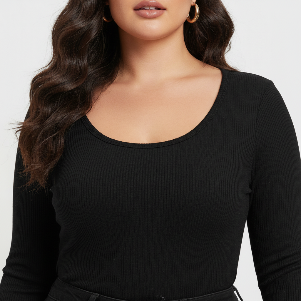 Curve Luxe plus size  Ribbed Scoop-Neck Long Sleeve Top – Black