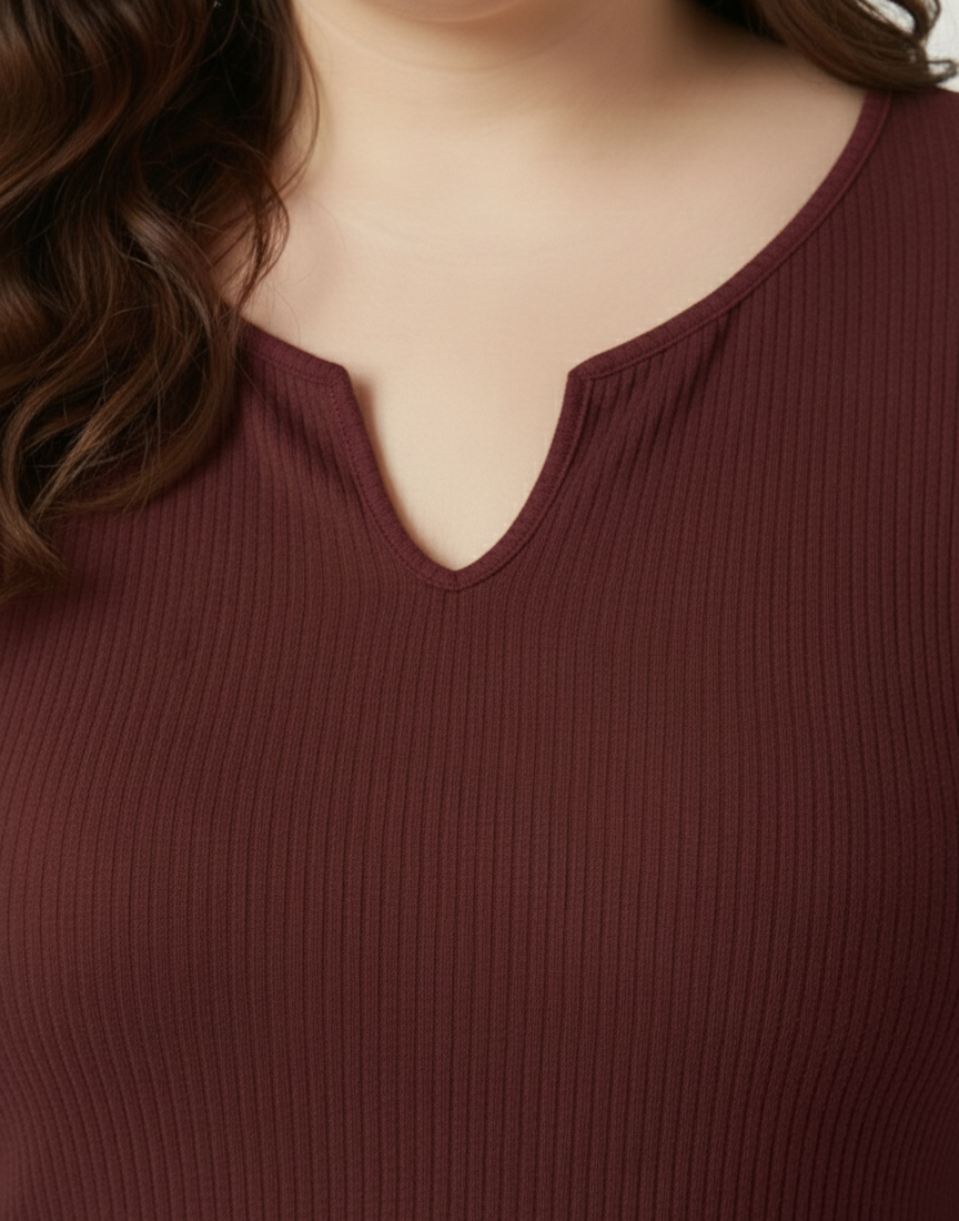 Panda Bee  Premium Neck V-cut Ribbed Long Sleeve Top (Burgundy)