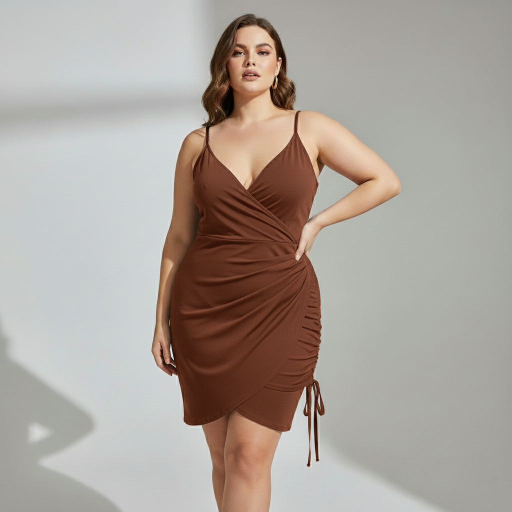 Plus Size Ruched Wrap Bodycon Dress – Premium Stretch Fit Party Wear (Coffee Brown)