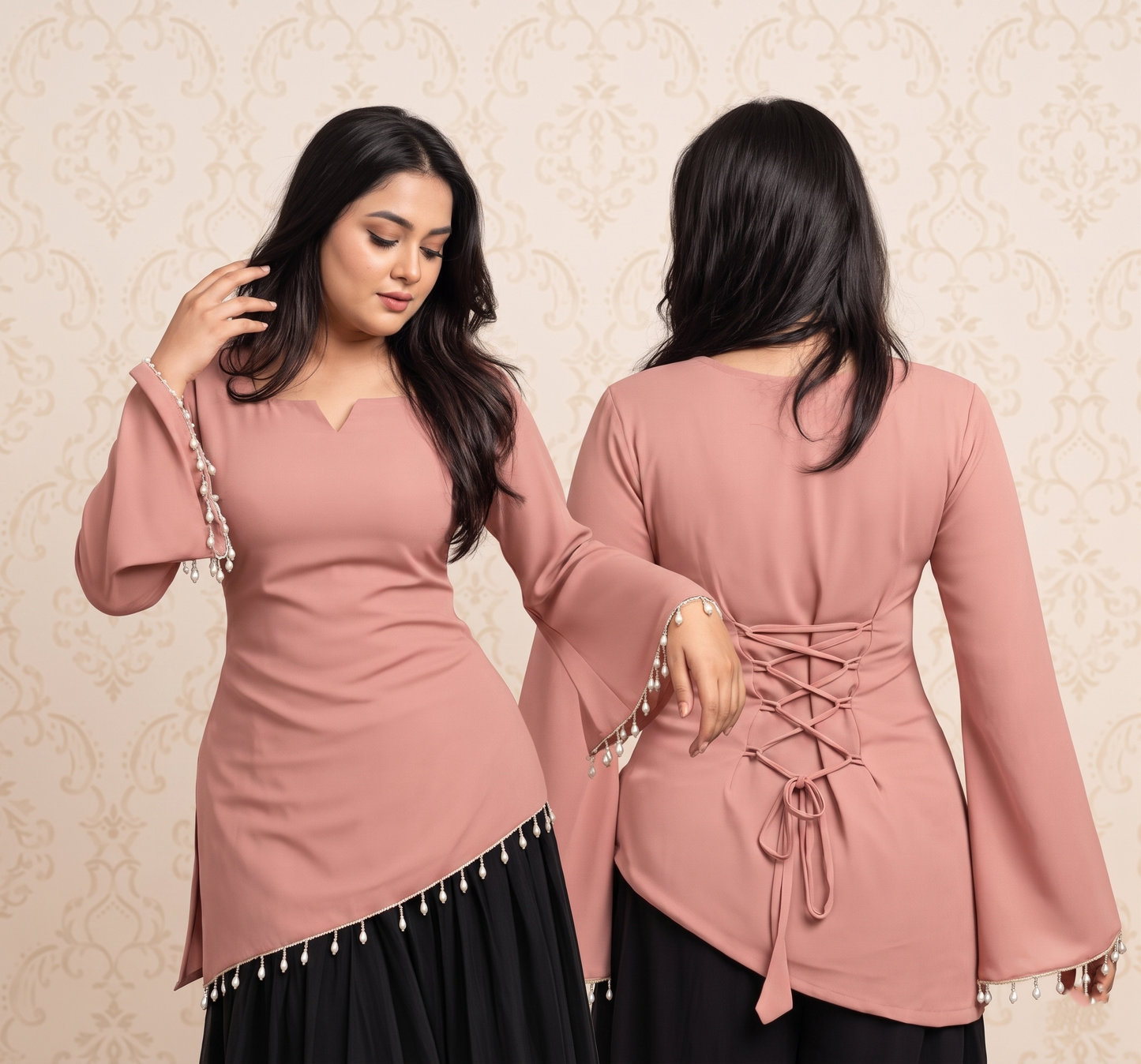 Premium Plus Size Pink Designer Kurti for Women | Pearl Tassel Bell Sleeve Kurti | Back Lace Detail Tunic Top | Stylish Party Wear Kurti for Curvy Women | 2XL-8XL | PandaBee (Nude pink - Blush beauty)