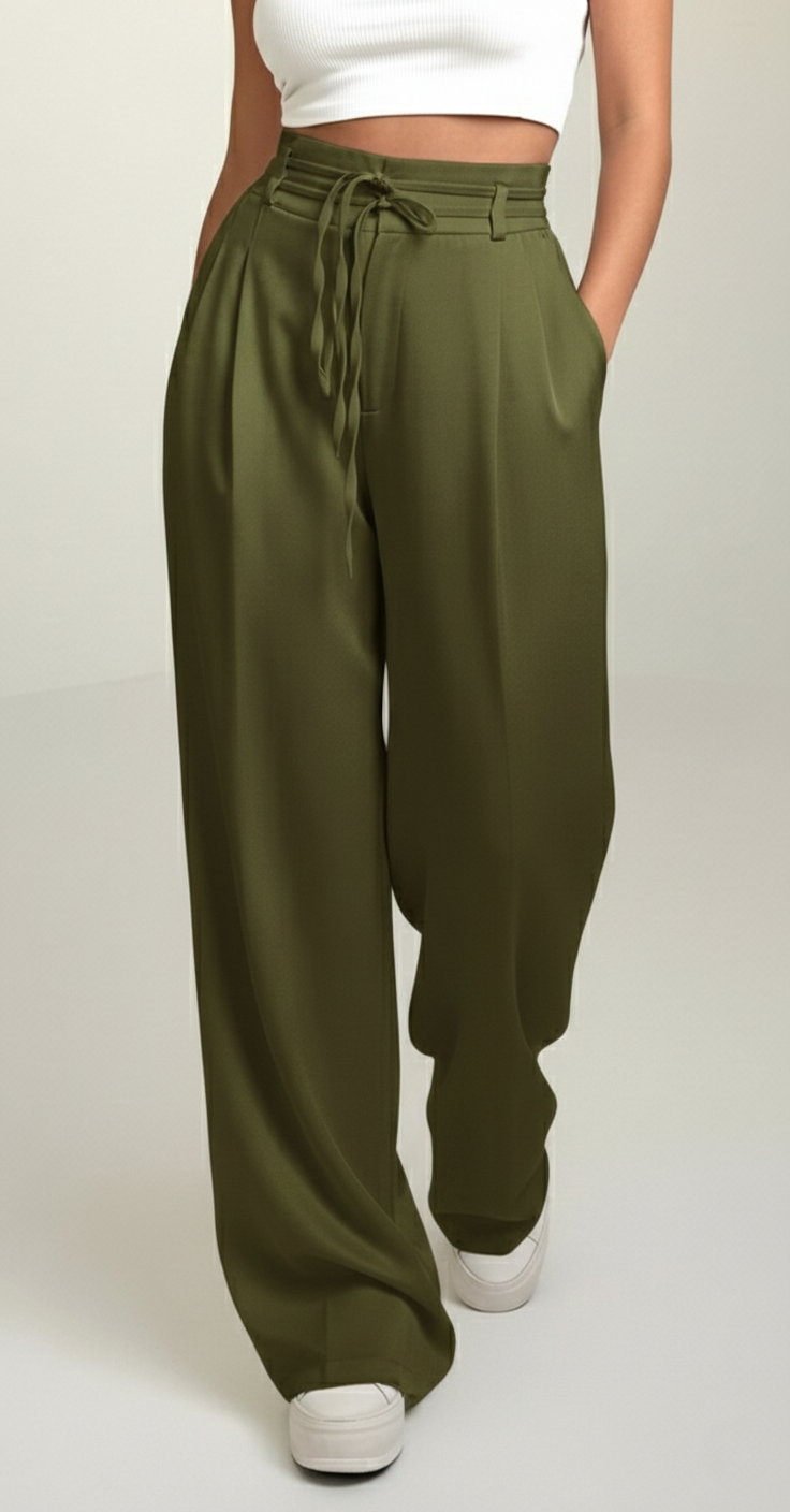 Premium Plus Size High-Waist Wide-Leg Trousers for Women (Olive Green) | Lace-Up Waist Relaxed Fit Pants | Curvy & Tummy Control Style