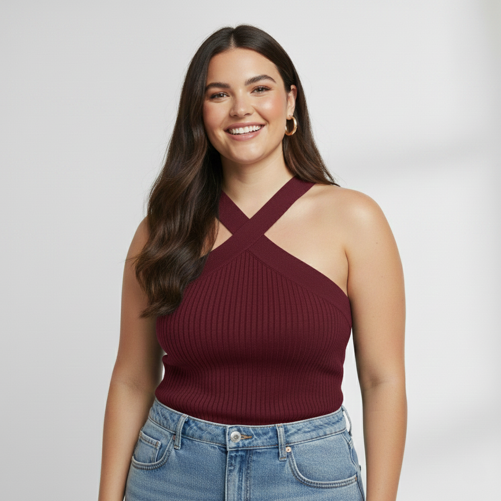 Premium Plus-Size Cross Halter Ribbed Top – Wine Burgundy