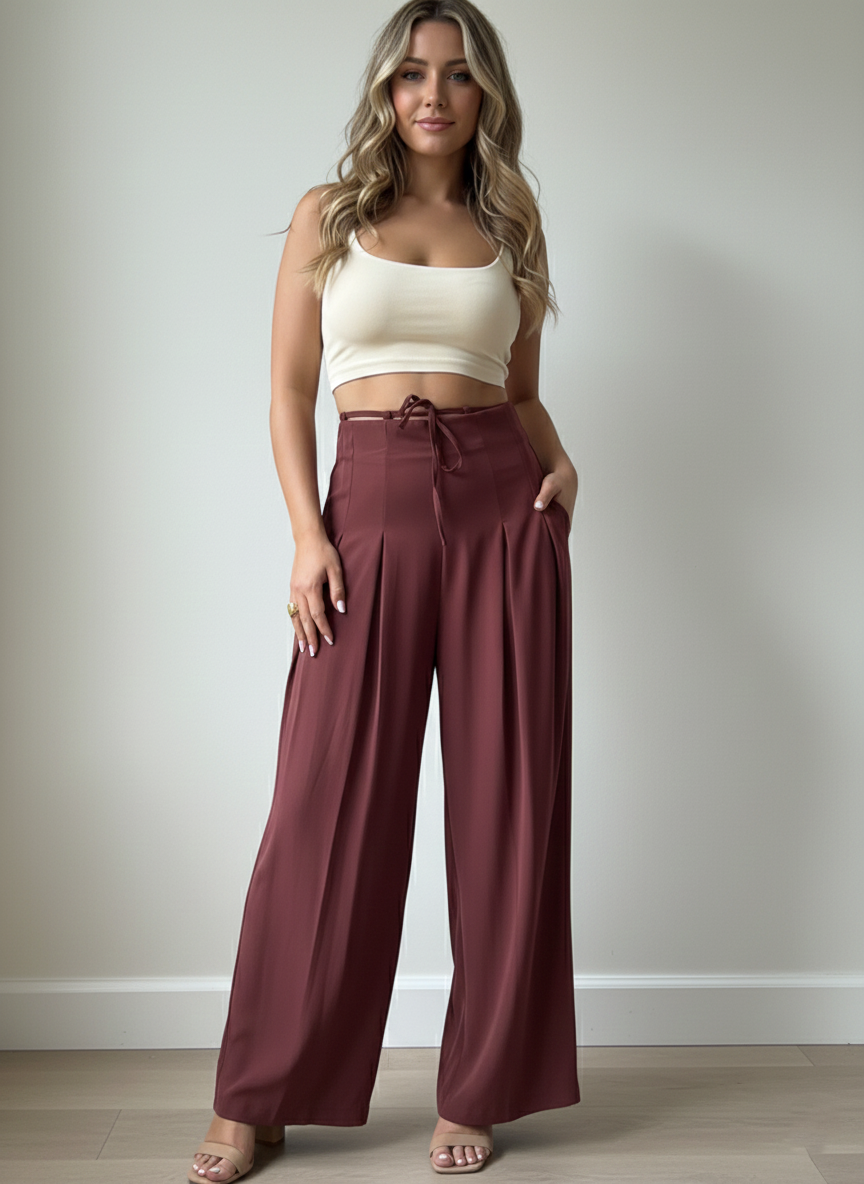 Panda Bee Premium Plus Size Cinched Drawstring Wide-Leg Pants (Wine colour)