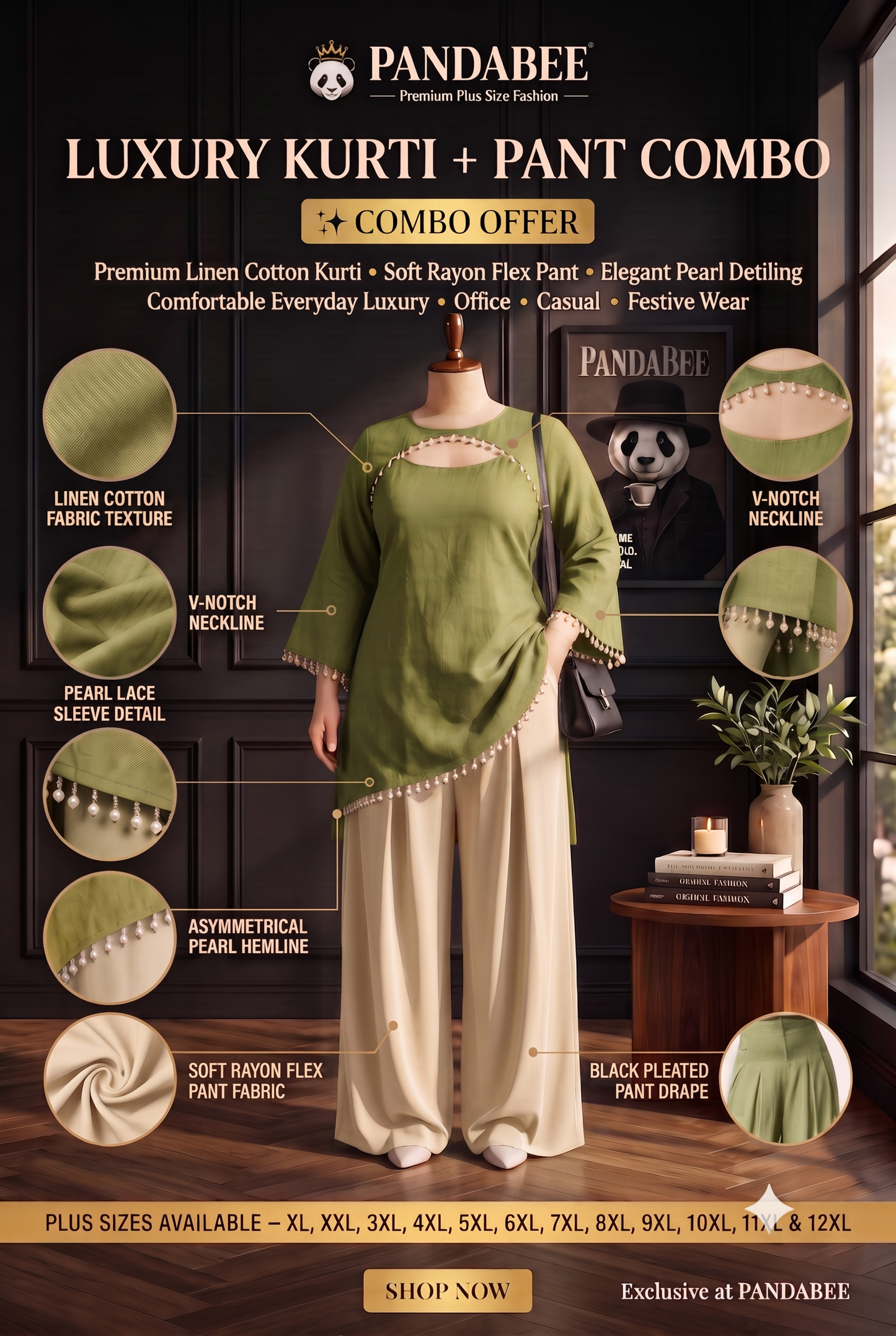 Save@300 comb Panda Bee Premium Plus Size Kurti & Wide-Leg Pants Co-Ord Set for Women | Pearl Work Ethnic Kurta with Cinched Drawstring Palazzo Pants | Plus Size 2XL-12XL | Premium Office, Casual(Avocado green -- mehfil green kurti + Cream colour pant)