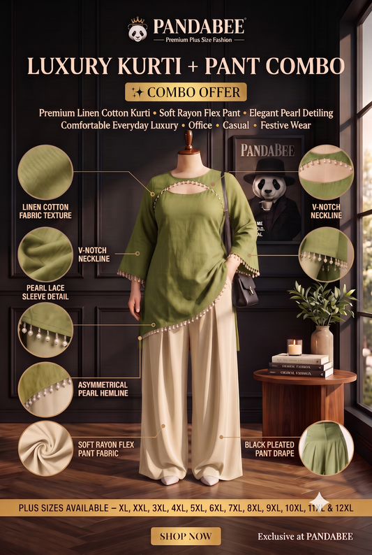 Save@300 comb Panda Bee Premium Plus Size Kurti & Wide-Leg Pants Co-Ord Set for Women | Pearl Work Ethnic Kurta with Cinched Drawstring Palazzo Pants | Plus Size 2XL-12XL | Premium Office, Casual(Avocado green -- mehfil green kurti + Cream colour pant)