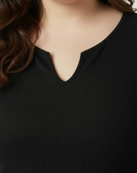 Panda Bee premium  Neck V-cut Ribbed Long Sleeve Top (Black)