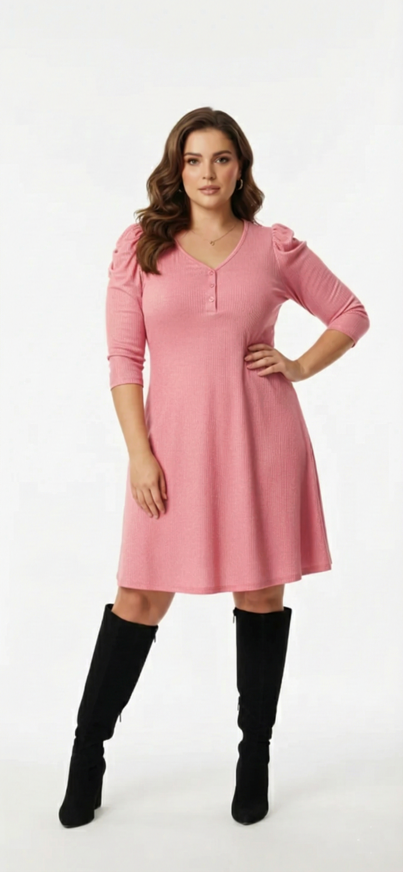 Plus Size Ribbed Full-Sleeve Dress (Pink) – Panda bee Premium Collection