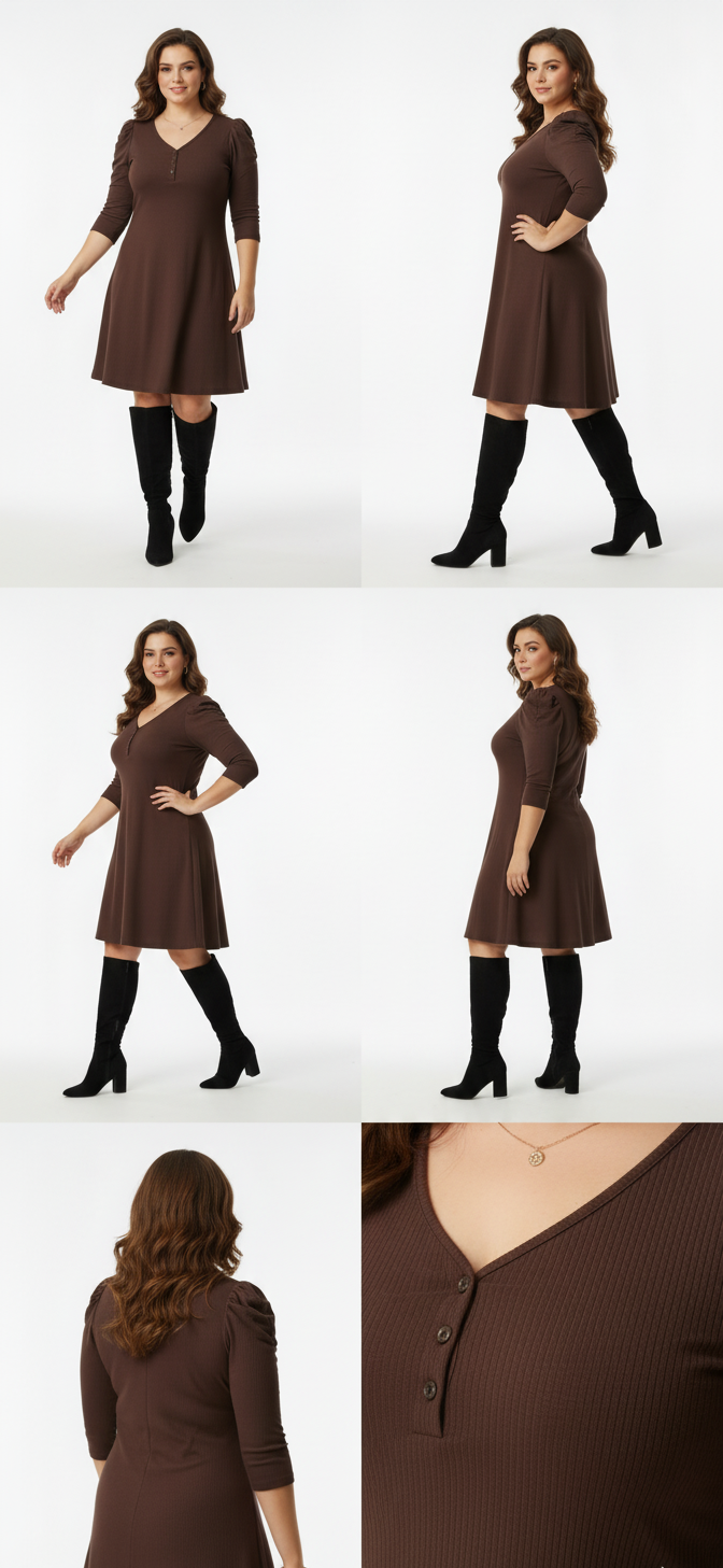 Plus Size Ribbed Full-Sleeve Dress (Brown) – Panda bee Premium Collection