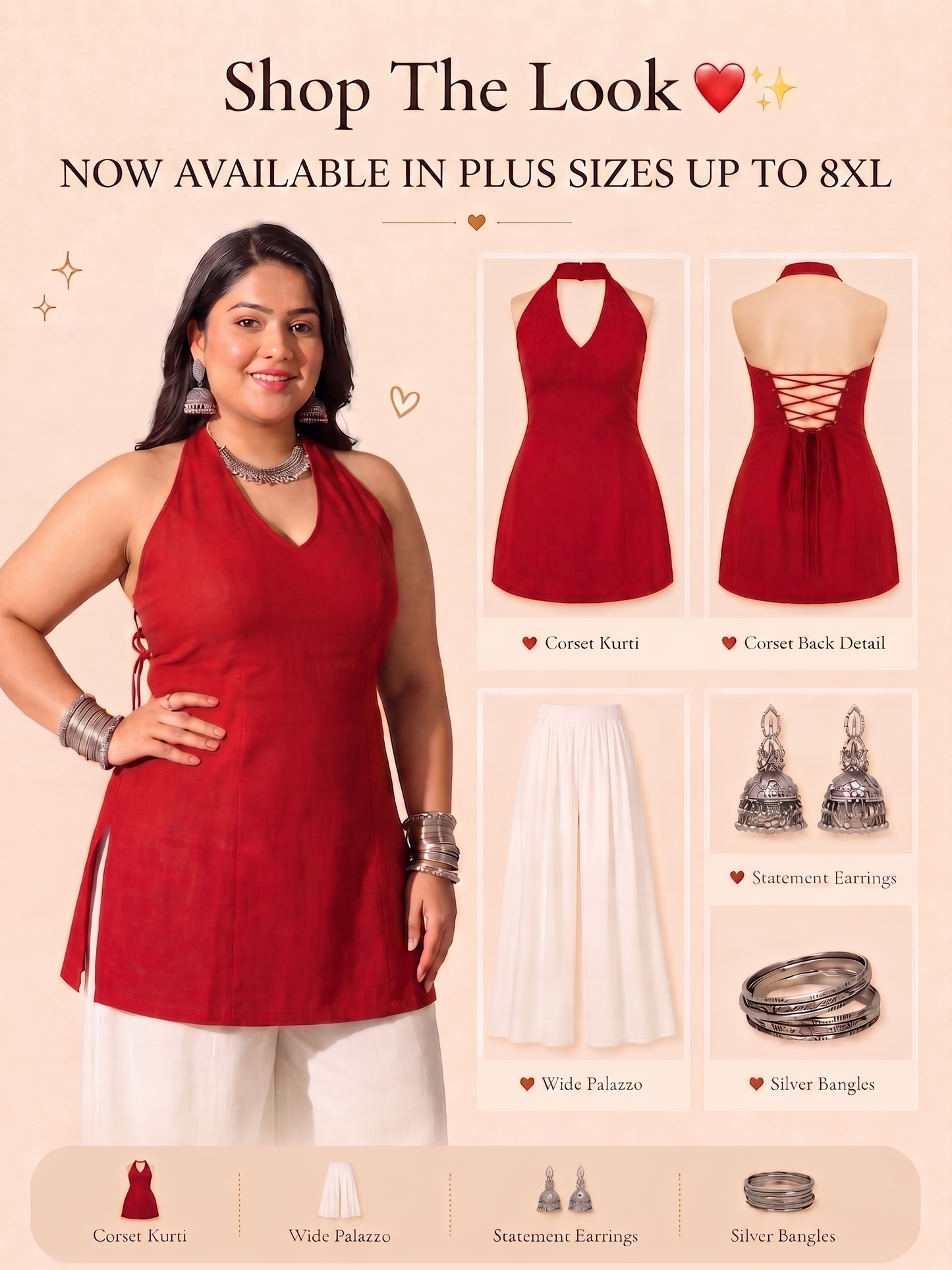 Pandabee Plus Size Halter Neck Corset Kurti for Women | Sleeveless A-Line Kurti | Sizes 2XL to 8XL (Red -- gulnaar)