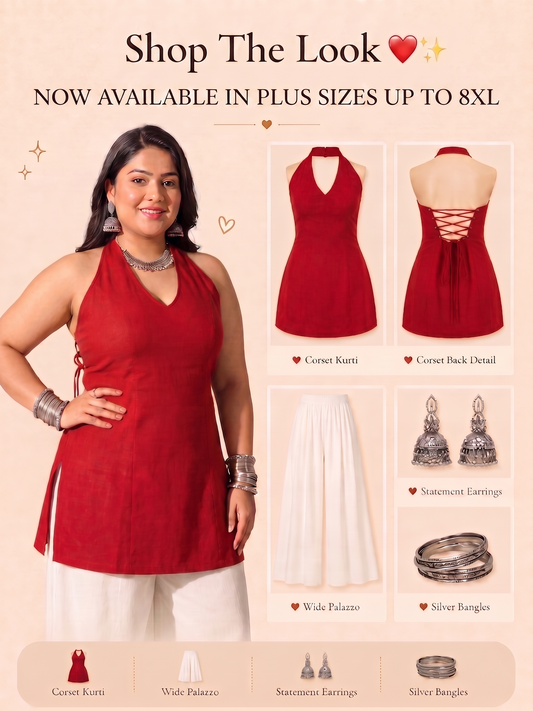 Pandabee Plus Size Halter Neck Corset Kurti for Women | Sleeveless A-Line Kurti | Sizes 2XL to 8XL (Red -- gulnaar)