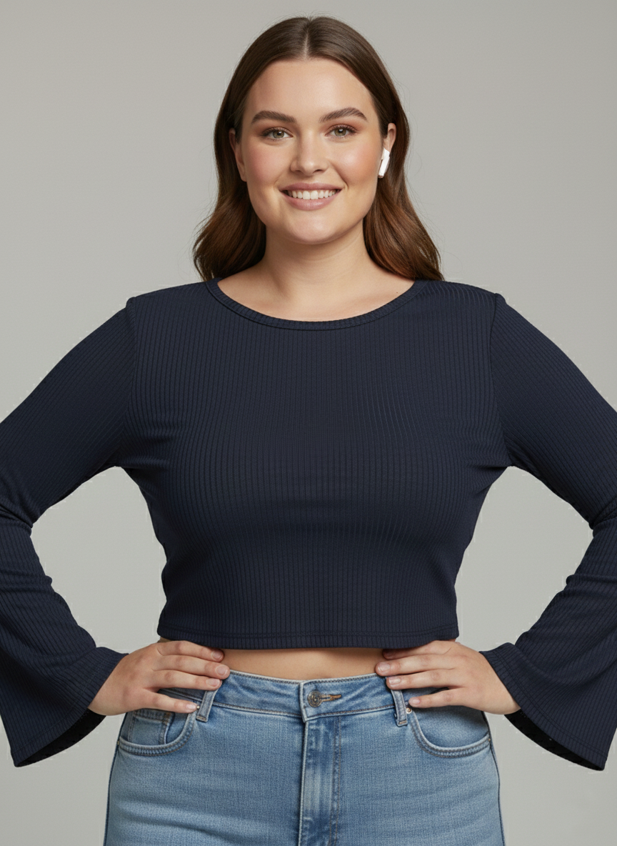 Premium Plus-Size Flared Sleeve Crop Top, Elegant Stretch Comfort Wear – Navy Blue