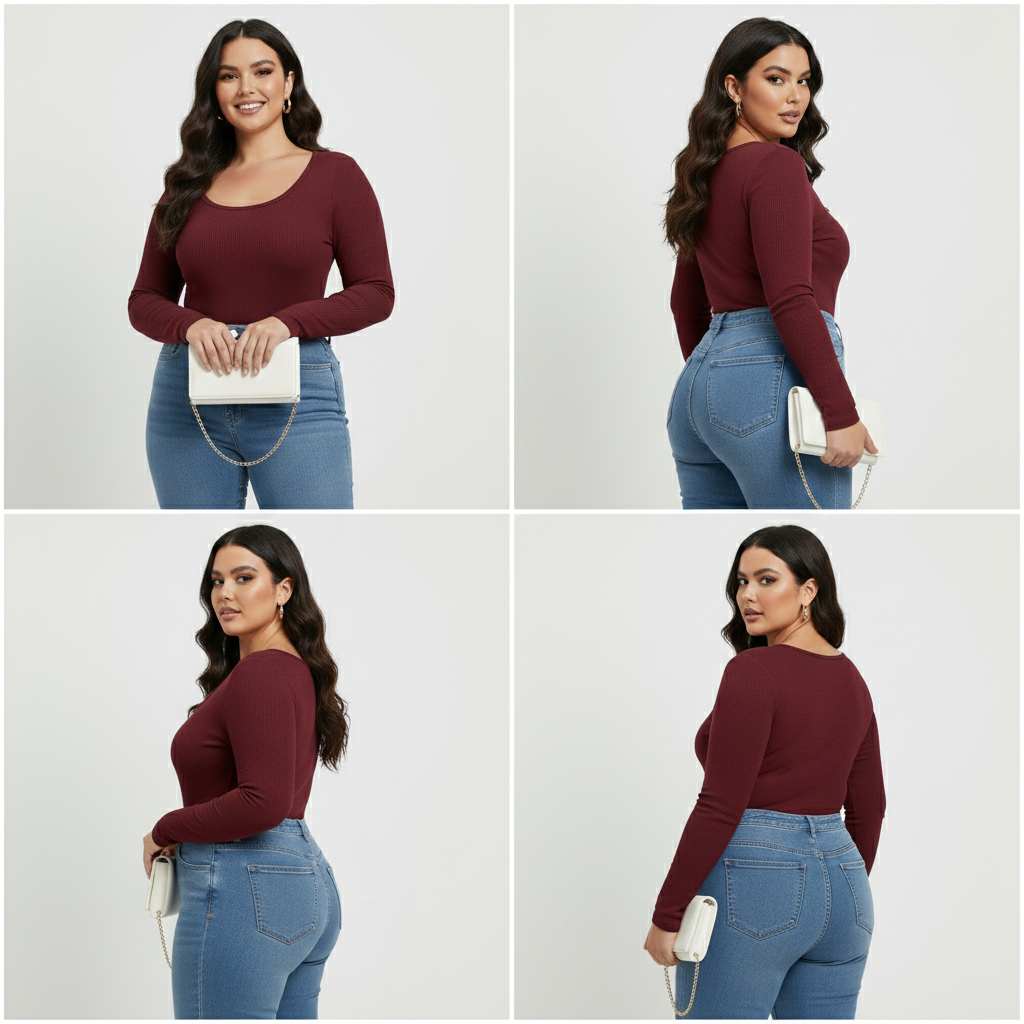 Curve Luxe plus size  Ribbed Scoop-Neck Long Sleeve Top – Burgundy