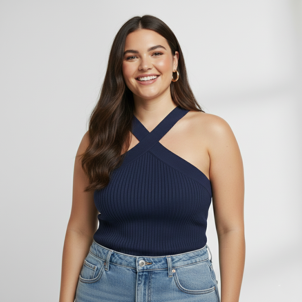 Premium Plus-Size Cross Halter Ribbed Top – Navy Blue