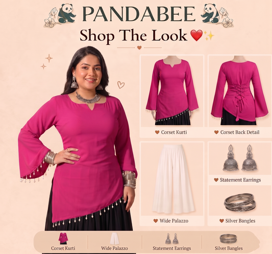 Premium Plus Size Pink Designer Kurti for Women | Pearl Tassel Bell Sleeve Kurti | Back Lace Detail Tunic Top | Stylish Party Wear Kurti for Curvy Women | 2XL-8XL | PandaBee (Pink -- gulabo)