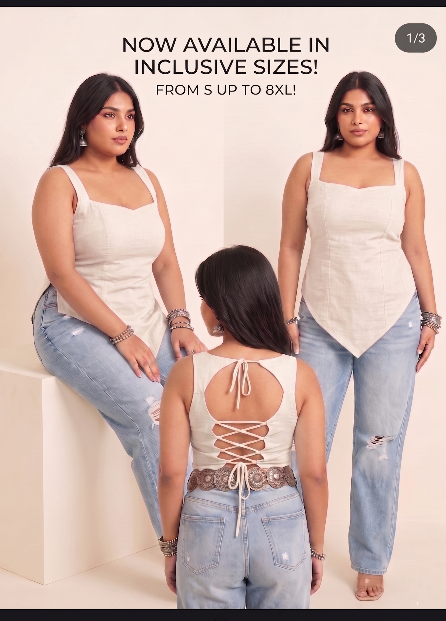 Panda Bee Premium Plus Size Stylish Kurti Top for Women | Trendy Lace-Up Back Ethnic Top | Sizes 2XL to 8XL (Cream)