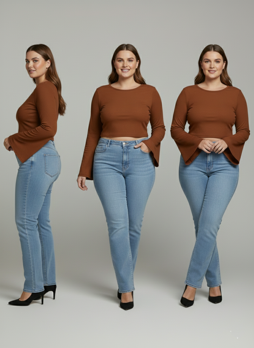Premium Plus-Size Flared Sleeve Crop Top, Elegant Stretch Comfort Wear – Coffee brown