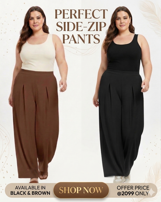 Save @300rs Combo Panda Bee Premium Plus-Size High-Waist Pleated Office Wide-Leg Pants with Side Zip – (Black and Brown)