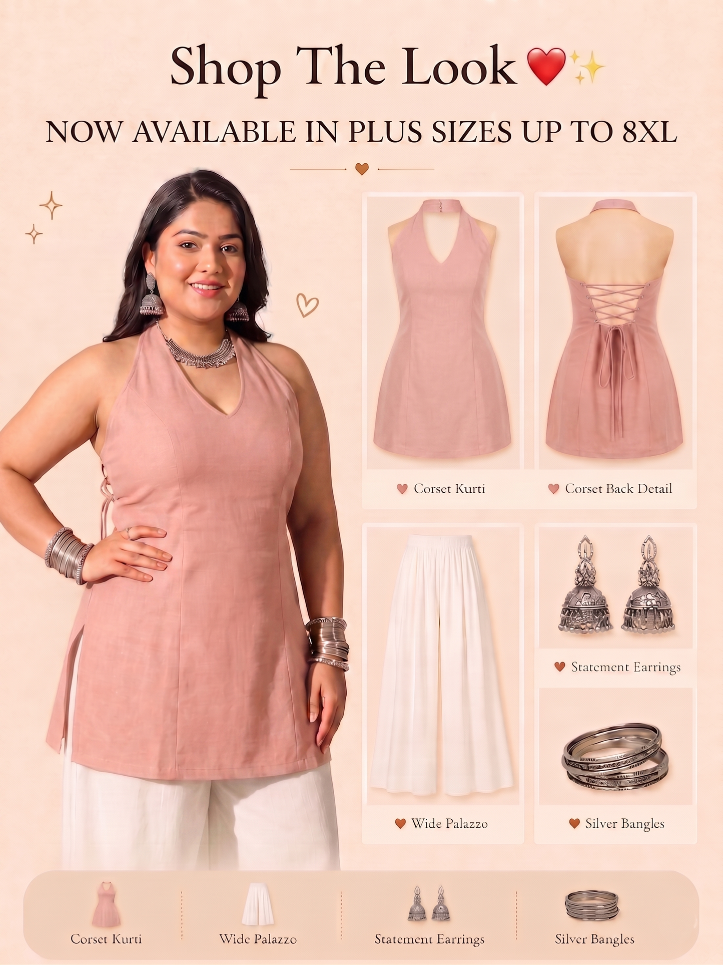 Pandabee Plus Size Halter Neck Corset Kurti for Women | Sleeveless A-Line Kurti | Sizes 2XL to 8XL (Nude pink -- Blush beauty)