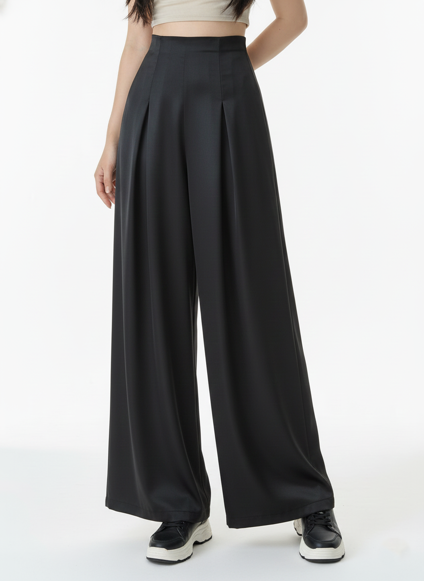 Save @300rs Combo Panda Bee Premium Plus-Size High-Waist Pleated Office Wide-Leg Pants with Side Zip – (Black and Brown)
