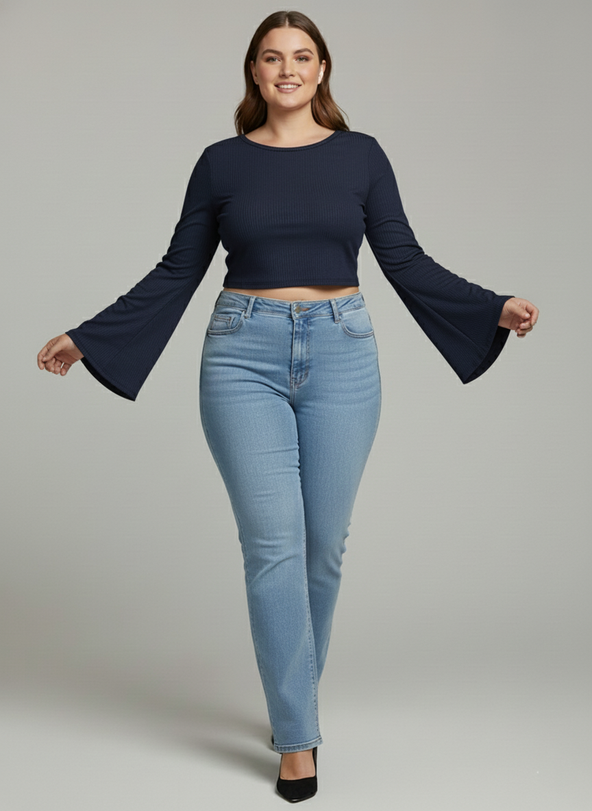 Premium Plus-Size Flared Sleeve Crop Top, Elegant Stretch Comfort Wear – Navy Blue