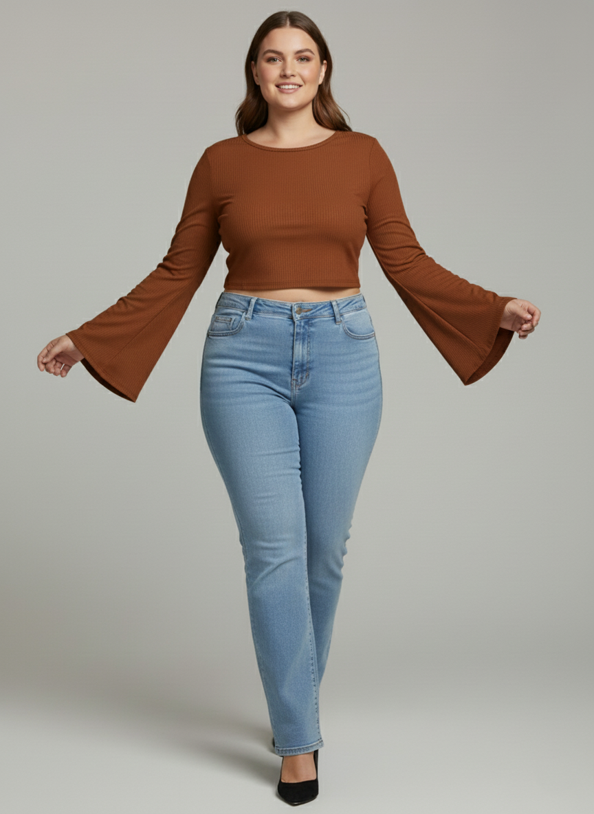 Premium Plus-Size Flared Sleeve Crop Top, Elegant Stretch Comfort Wear – Coffee brown