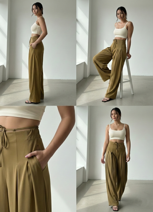 Premium Plus Size High-Waist Wide-Leg Trousers for Women (Mouse colour) | Lace-Up Waist Relaxed Fit Pants | Curvy & Tummy Control Style