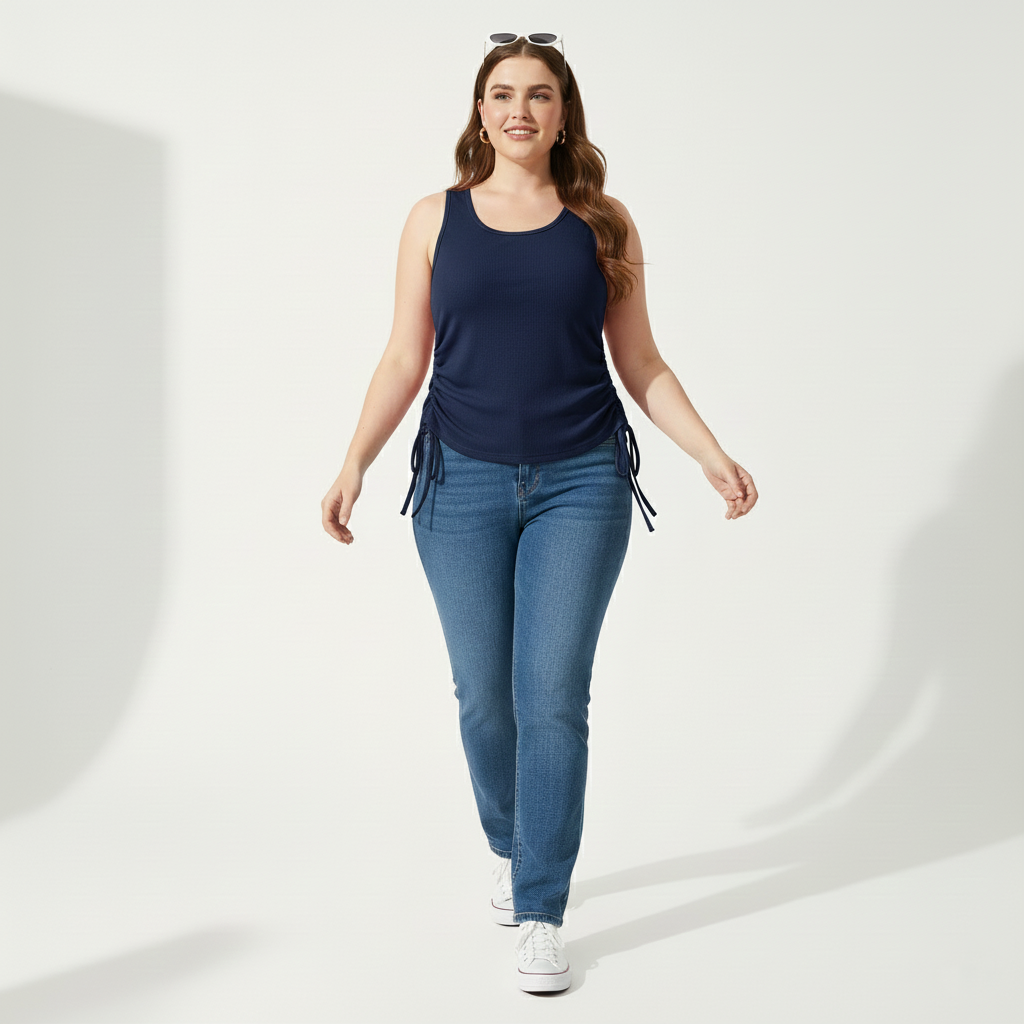 Pandabee Premium Plus Size Adjustable Length Ruched Side Tie Tank Top – Navy Blue
