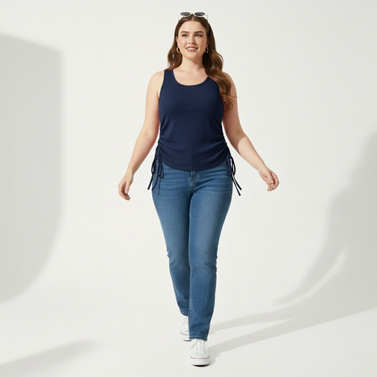 Pandabee Premium Plus Size Adjustable Length Ruched Side Tie Tank Top – Navy Blue