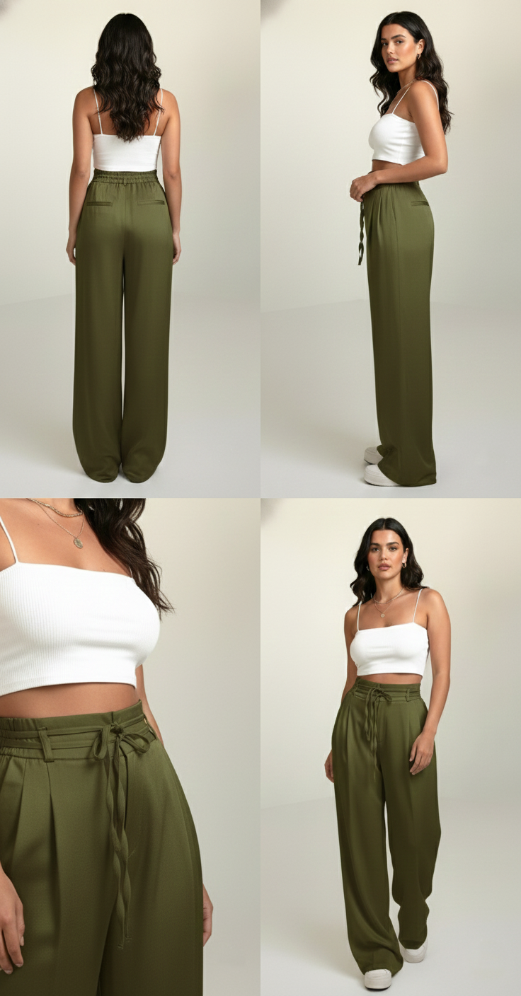 Premium Plus Size High-Waist Wide-Leg Trousers for Women (Olive Green) | Lace-Up Waist Relaxed Fit Pants | Curvy & Tummy Control Style