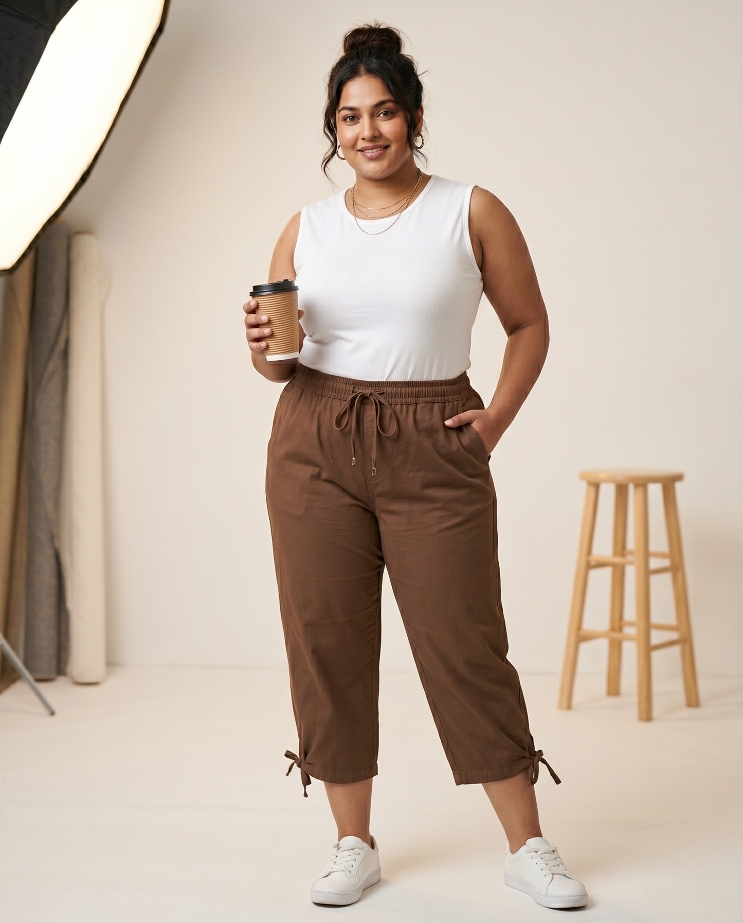 ✨ Pandabee Plus Size Premium 3/4 Pants for Women | Comfortable Elastic Waist Capri Pants with Pockets | Everyday Casual Wear | Sizes L to 12XL (Coffee Brown)