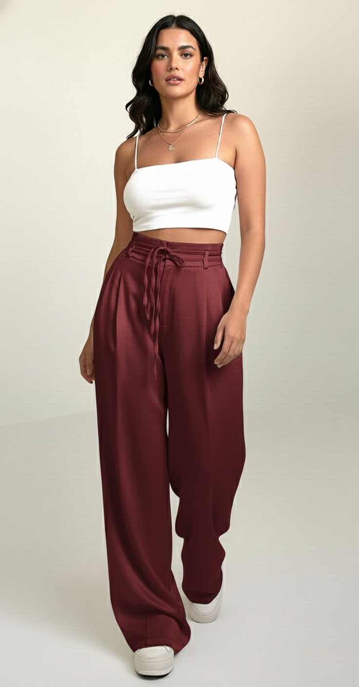 Premium Plus Size High-Waist Wide-Leg Trousers for Women (Wine) | Lace-Up Waist Relaxed Fit Pants | Curvy & Tummy Control Style