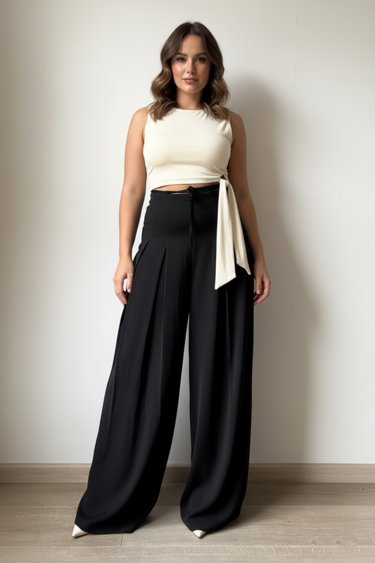 Panda Bee Premium Plus Size Cinched Drawstring Wide-Leg Pants (Black)