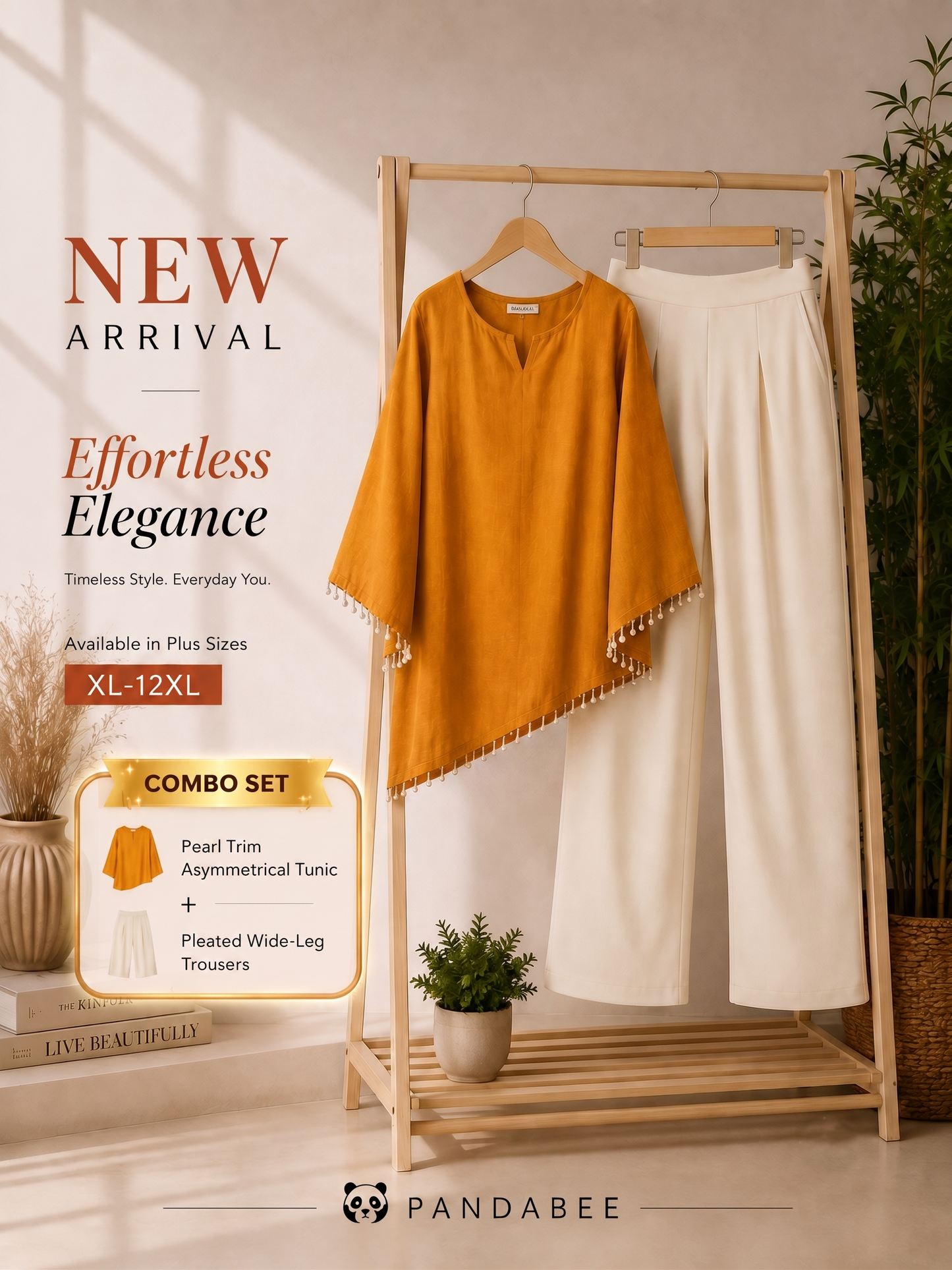 Save@300 combo (Kurti + Pants) PandaBee Premium Plus Size Designer Kurti & SIDE ZIP High-Waist Wide-Leg Office Pant Combo | Pearl Tassel Bell Sleeve Kurti with Back Lace Detail | Curvy Fit | Sizes 2XL–12XL | Turmeric Yellow Kurti + Cream Pants