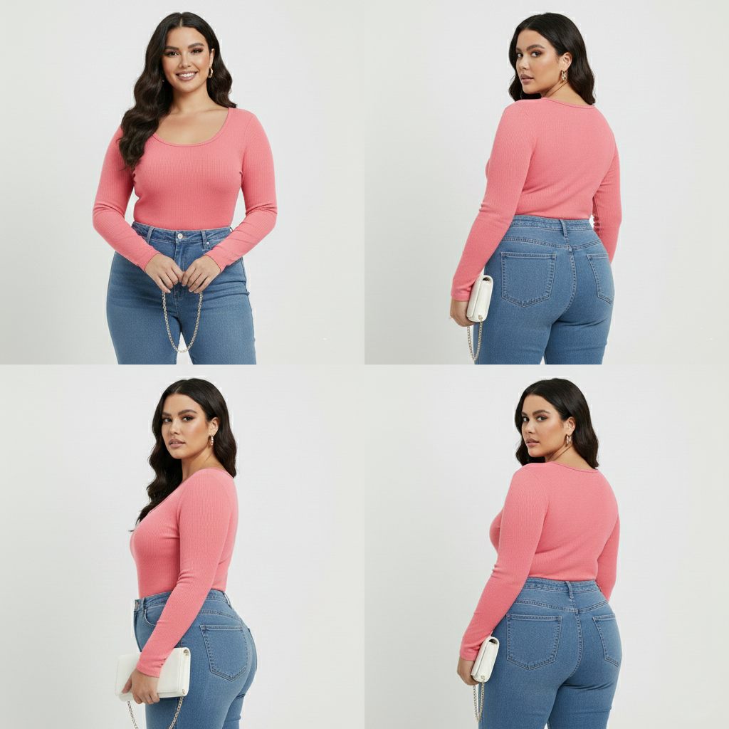 Curve Luxe plus size  Ribbed Scoop-Neck Long Sleeve Top – Pink